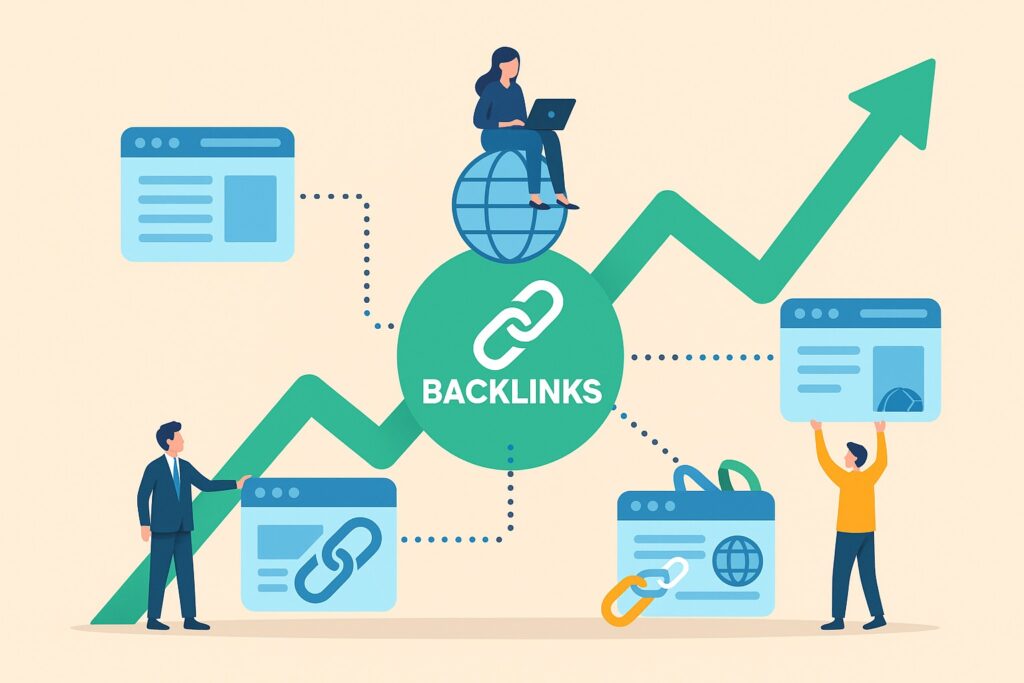 Backlink infographic with links and growth arrow