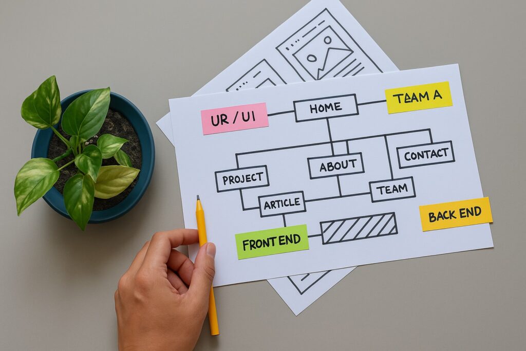 Hand-drawn website flowchart on paper with sticky notes, pencil, and potted plant beside it.