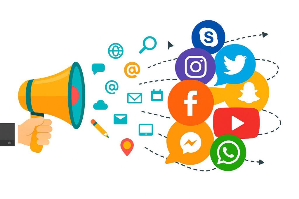 Megaphone spreading social media icons