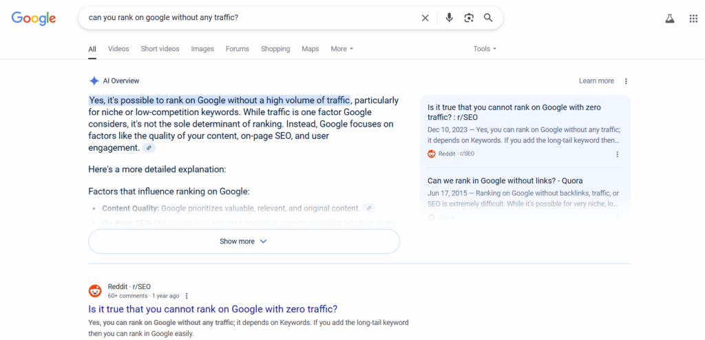 can you rank on google without traffic? search result. 