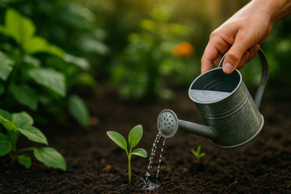 Hand watering seedling, symbolizing challenges of voice search optimization.