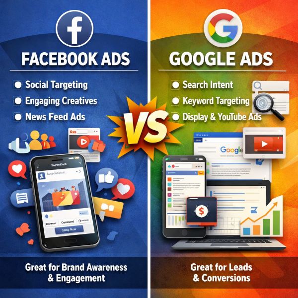 Google Ads is great for leads and conversions and Facebook Ads are great for brand awareness and engagement