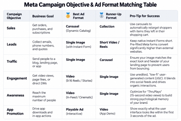 Meta Campaign Objective and Ad Format Matching Table